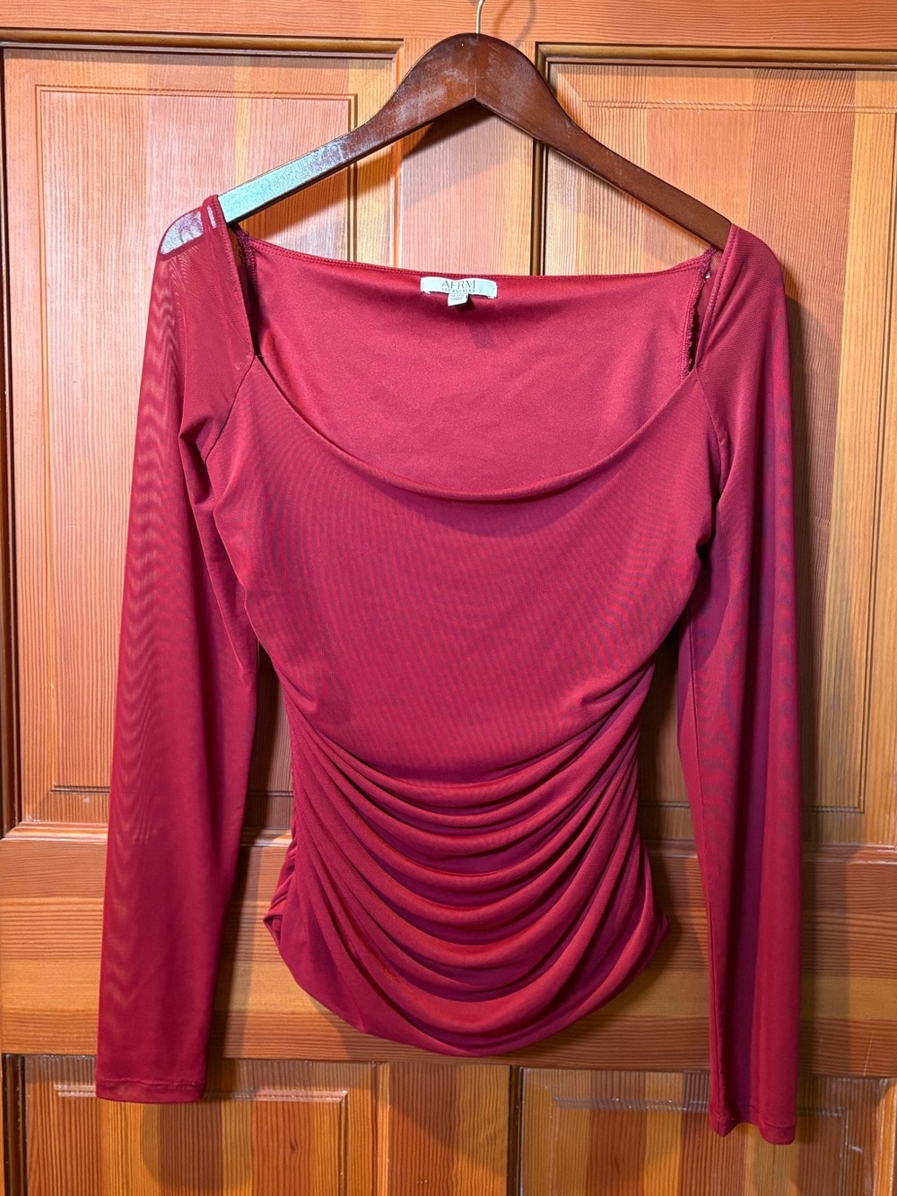 AFRM Archie Square Neck Ruched Sheer Sleeve top - Red - XL extra large NWOT
